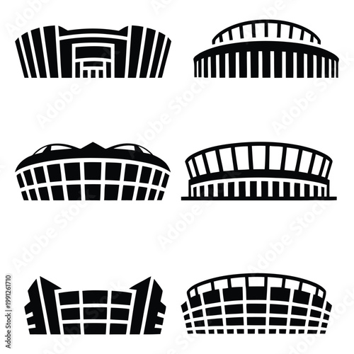 Collection of six black and white stadium icons in various architectural styles