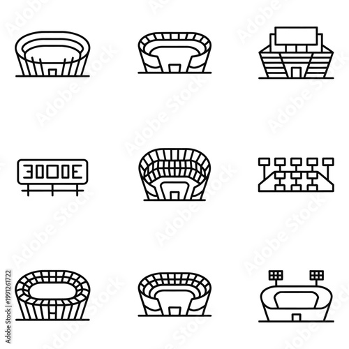 A set of nine black line icons depicting various stadium and arena structures