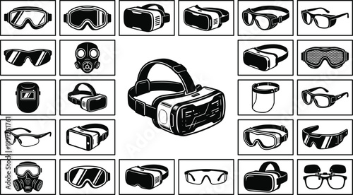 Vector Illustration Collection Featuring VR Headsets Virtual Reality Goggles Safety Glasses Protective Eyewear Gas Masks and Face Shields for Technology Industrial PPE
