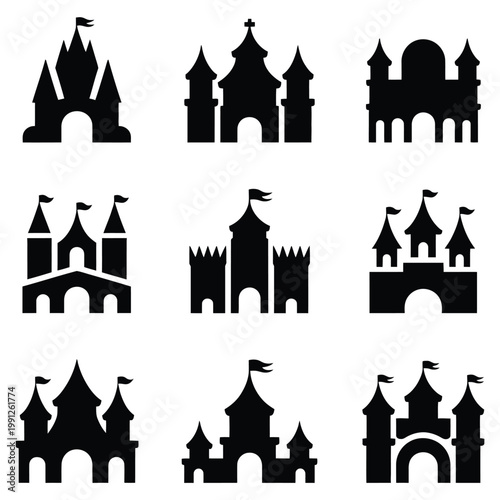 Collection of nine black castle silhouettes