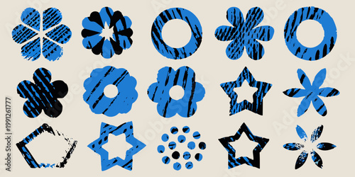 Abstract blue floral and geometric shapes arranged in a grid pattern