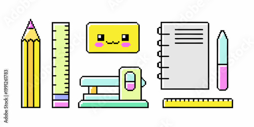 Cute pixel art stationery set with pencils ruler and more