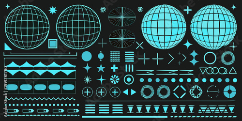 Abstract arrangement of glowing cyan geometric shapes on a dark background