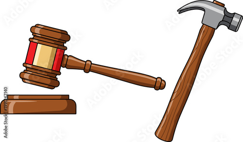 Judge Gavel and Hammer Tool Set with Court Justice Law and Construction Equipment Illustration