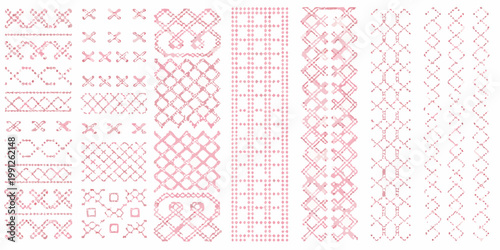Collection of delicate pink embroidery stitch patterns on white background