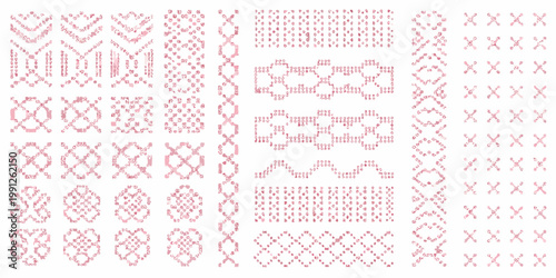 Collection of vintage pink cross stitch patterns on a white background