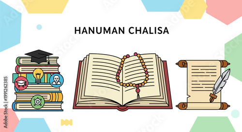 Illustration of Hanuman Chalisa holy book with religious symbols and study materials.