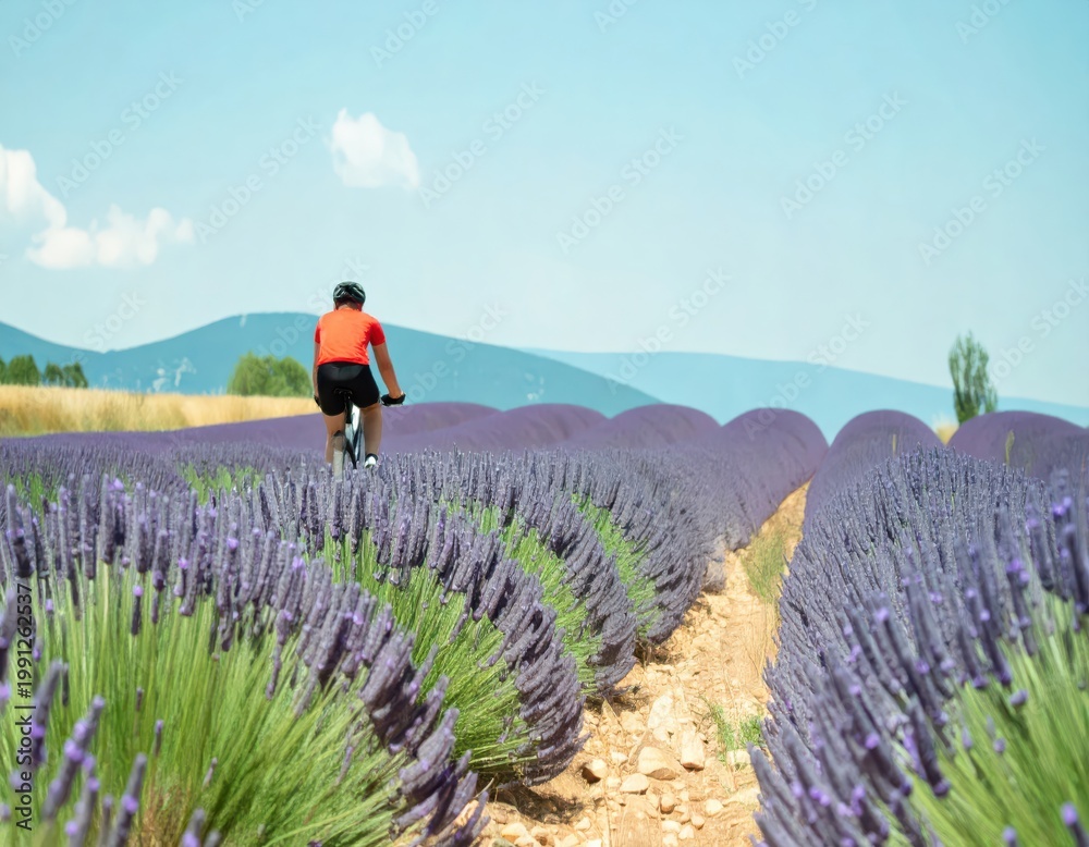 Fototapeta premium Rear view of adult cyclist riding a bike through vibrant purple lavender field