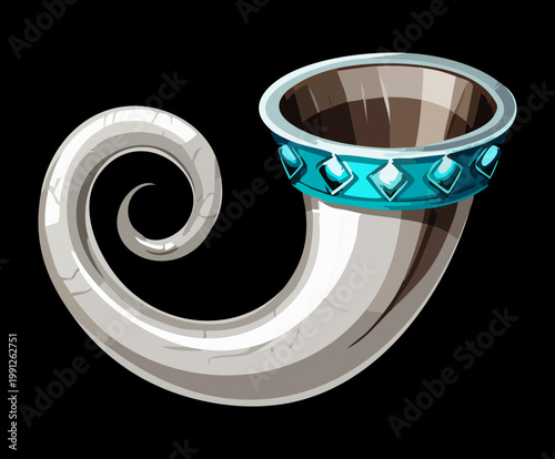 Canvas Print Silver horn with blue gems for battle signaling and tribal ritual in fantasy rol