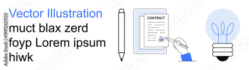 Business agreements, innovation, contract signing, paperwork, creative ideas, office workflow. A pen, hand signing a contract and a lightbulb icon. Business agreements and creative ideas concept