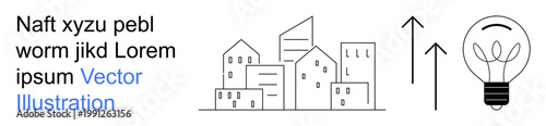 Urban development, innovation, sustainability, progress, creativity, modern cities. Outline of buildings, arrows pointing upward and a light bulb ideas. Urban development and innovation concept
