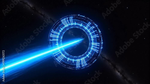 Sci fi blue glowing ring emitting light beams in black space