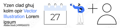 Calendar, team collaboration, scheduling, communication, planning, personal organization. A calendar marked with the date 27, a man holding a ball and a person icon. Calendar and scheduling concept