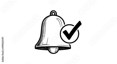 Hand drawn bell with check mark symbol icon.