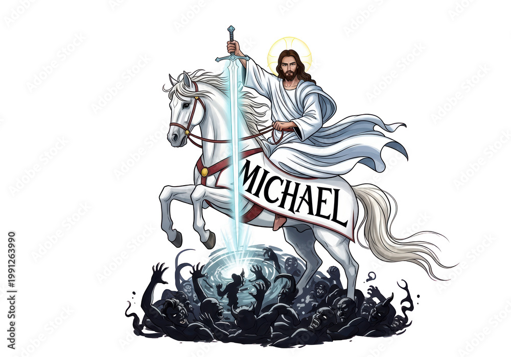 Fototapeta premium Jesus Christ riding white horse.