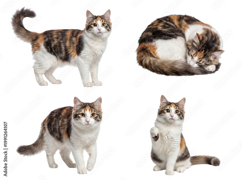 Naklejka premium Four calico tabby cats in distinct poses: standing, curled up, walking, and sitting with paw up.