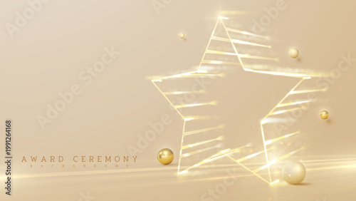 Luxury cream stage background with 3d gold ball and glow star. Vector illustration.