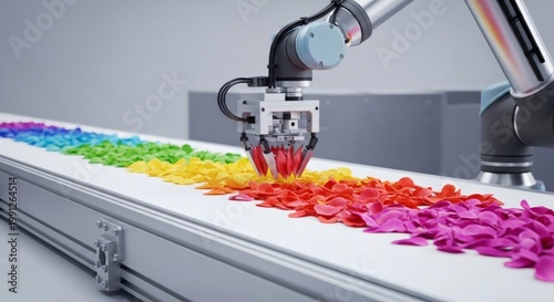A robotic arm sorts colorful petals on a conveyor belt in a factory