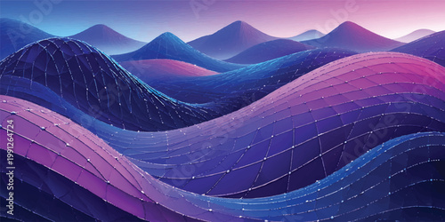 Abstract blue vector background featuring a cold winter mountain landscape with snow peaks and a sunset sky over a morning fog lake