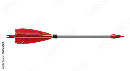 A close-up view of a red and silver arrow with a black fletching. isolated on transparent background