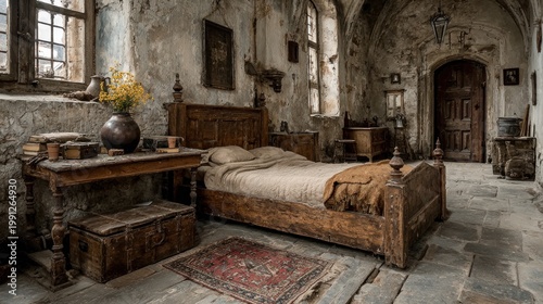 A dimly lit rustic bedroom with antique wooden furniture and worn textures creating an aged ambiance
