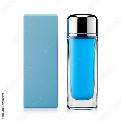 Elegant blue perfume bottle with matching box displayed side by side