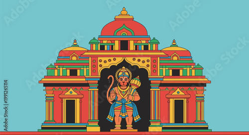 Vibrant Illustration of Lord Hanuman in Traditional Temple Setting.