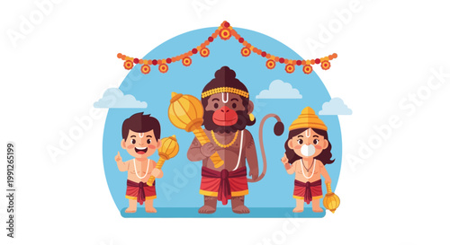 Cartoon Illustration of Lord Hanuman with Two Little Children Holding Maces.
