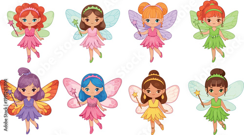Cute fairy girls collection with colorful wings magic wands and different hairstyles cartoon fantasy characters vector illustration set