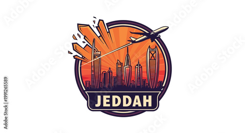 Jeddah City Skyline with Airplane Flying Above the Buildings.