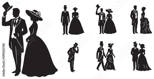 Foto Collection of elegant silhouettes of couples in Victorian-era attire, showcasing formal wear and historical fashion