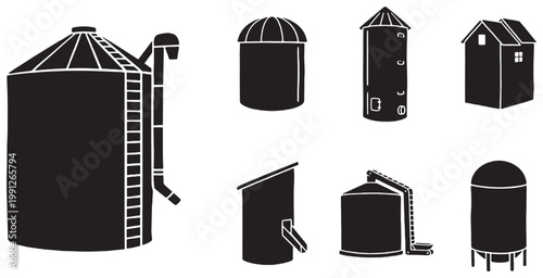 Schilderij op canvas Collection of Silo Icons and Farm Building Illustrations in Black and White