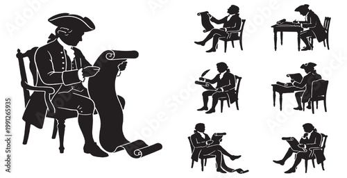 Fotografie Silhouette of a man in colonial attire writing on a scroll, with smaller vignettes of similar figures engaged in writing and reading