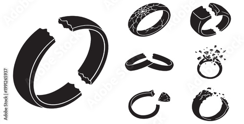 Foto Collection of broken rings symbolizing divorce, separation, and relationship breakdown