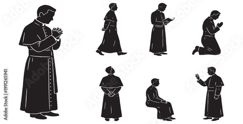 Konstfotografi Collection of Silhouettes of a Priest in Various Poses and Actions