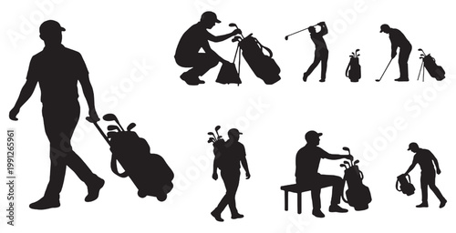 Set of golfer silhouettes in various poses, including walking, swinging, and carrying clubs, on a white background.