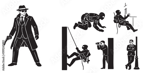 Set of Secret Agent and Spy Silhouettes Performing Various Espionage Activities.
