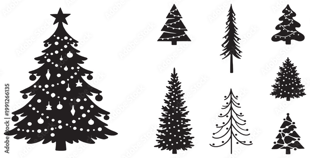 Obraz premium Collection of various black silhouette Christmas tree designs, some decorated with lights and ornaments, suitable for holiday graphics.