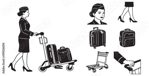 Stewardess with luggage cart and travel-related icons in black and white illustration.