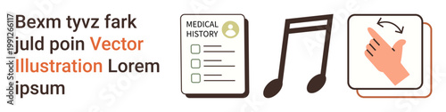 Healthcare, medical records, music, hand gestures, communication, rotation actions. Medical document, music note hand making circular gesture. Healthcare and medical records visualization