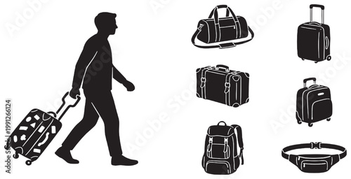 Silhouette of a man pulling a rolling suitcase with an assortment of travel bags and luggage types, including duffel, backpack, and fanny pack.