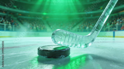 Cinematic Ice Hockey Scene with Frozen Puck and Stick Blade Made of Ice, Emerald Green Glow and Misty Arena Background