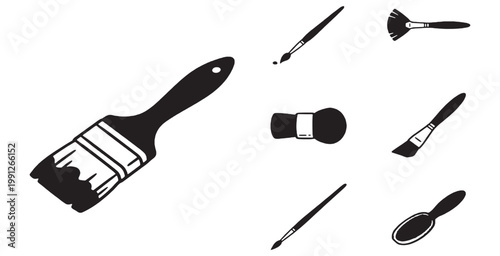 Collection of various hand-drawn brushes for painting, makeup, and art applications, isolated on white background.
