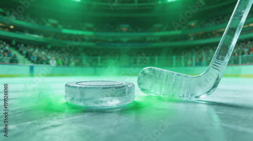 Mystic Ice Hockey Concept with Icy Puck and Stick Blade on Foggy Rink, Vibrant Green Lighting and Blurred Crowd