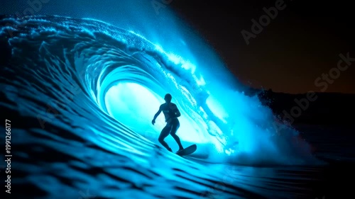 Surfer Riding Bioluminescent Wave at Night.