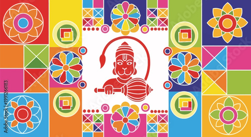 Lord Hanuman holding a mace in a vibrant illustration.