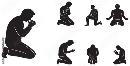 Set of silhouettes of a man kneeling in prayer or contemplation, showing various poses of devotion and humility.