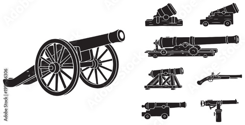 Collection of historical artillery and firearms silhouettes, including various types of cannons, mortars, and antique guns, depicted in black vector style.