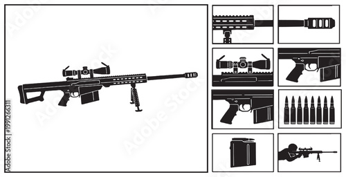 Detailed illustration of a sniper rifle with its components and ammunition.