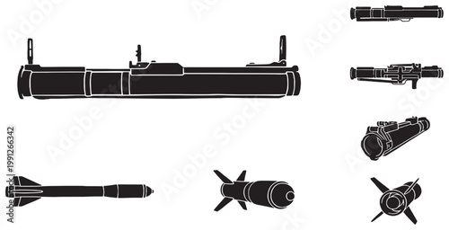 Detailed black and white silhouettes of various rocket launchers, missiles, and projectiles, showcasing military weaponry and ordnance.